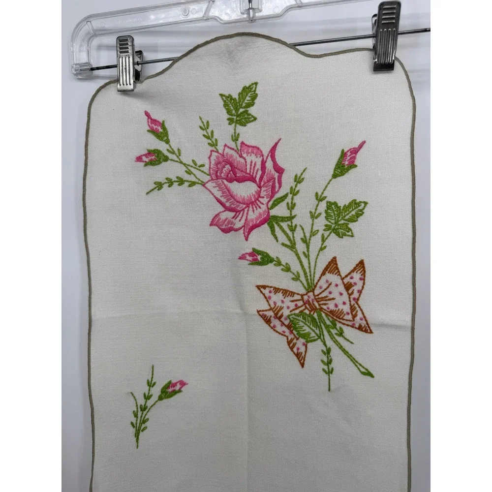 Vintage Hand Embroidered Table Runner Dresser Scarf Floral Rose Scalloped 39x11